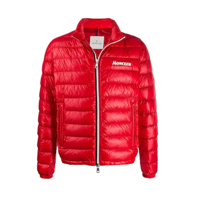 Moncler FW21 Red Down Jacket with Lettering and Solid Color Design F10911A1160053029448