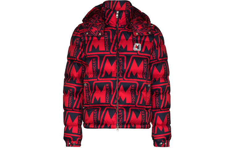 Moncler FW21 Red Logo Print Padded Down Jacket with Zip Hoodie for Men F20911A5980054AN4