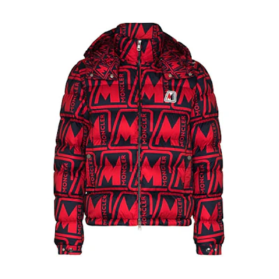 Moncler FW21 Red Logo Print Padded Down Jacket with Zip Hoodie for Men F20911A5980054AN4