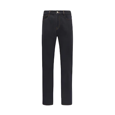 Moncler FW21 Solid Logo Patch Button Denim Pants in Dark Indigo Blue. G20922A00007595KH798