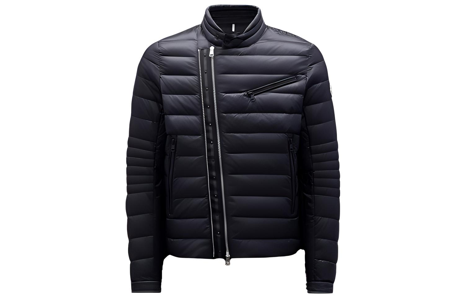 Moncler FW22  Black Short Down Jacket with Logo Patch and Diagonal Zipper. H20911A001185396Q999