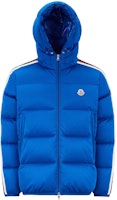 Moncler FW22 Blue Down Jacket with Striped Trim and Zip Hoodie. H20911A00237899RX756 Moncler FW22 Blue Down Jacket with Striped Trim and Zip Hoodie. H20911A00237899RX756