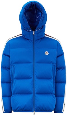 Moncler FW22 Blue Down Jacket with Striped Trim and Zip Hoodie. H20911A00237899RX756 Buy Moncler FW22 Blue Down Jacket with Striped Trim and Zip Hoodie. H20911A00237899RX756