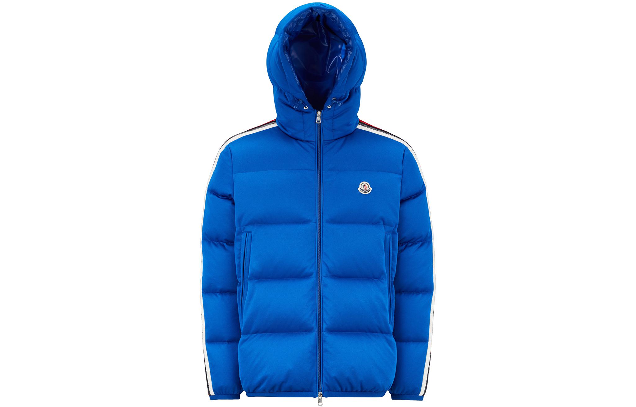 Order Moncler FW22  Blue Down Jacket with Striped Trim and Zip Hoodie. H20911A00237899RX756