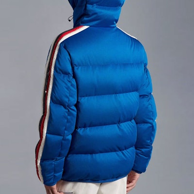 Moncler FW22 Blue Down Jacket with Striped Trim and Zip Hoodie. H20911A00237899RX756 Purchase Moncler FW22 Blue Down Jacket with Striped Trim and Zip Hoodie. H20911A00237899RX756