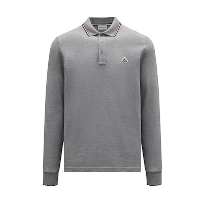 Moncler FW22 Grey Long-Sleeve Cotton Polo Shirt with Logo Patch. H20918B7010084556987