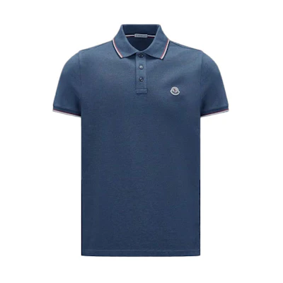 Moncler FW22 Misty Blue Short Sleeve Polo Shirt with Logo Patch. I10918A7030084556794