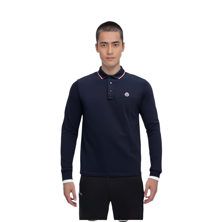 Details for Moncler FW22 海軍藍棉質長袖標誌貼布Polo衫 H20918B701008455677X
