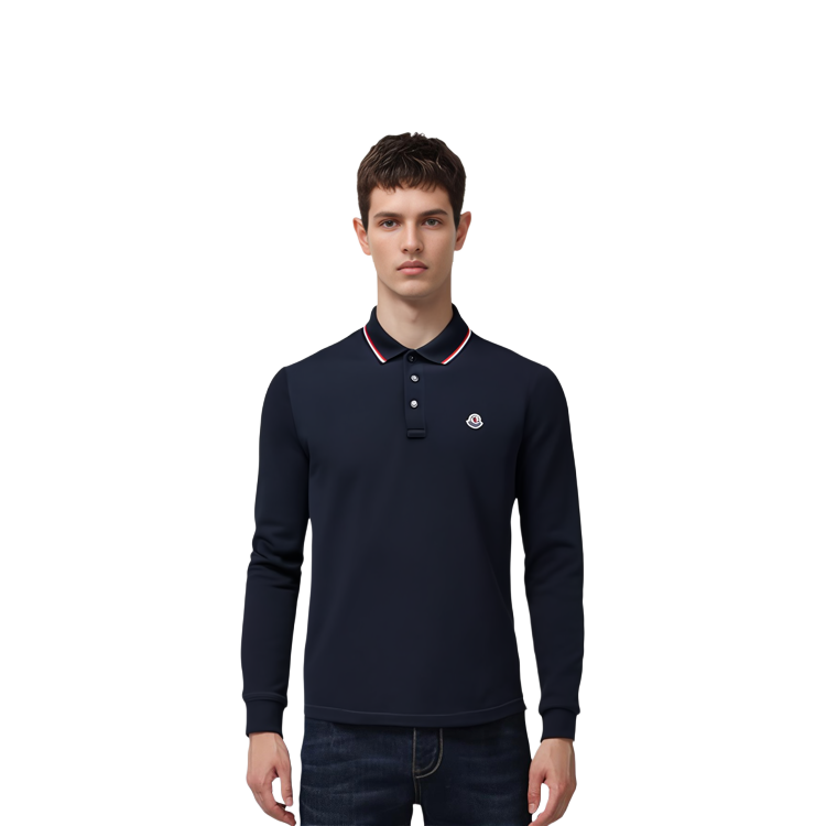 Sizing Moncler FW22 海軍藍棉質長袖標誌貼布Polo衫 H20918B701008455677X