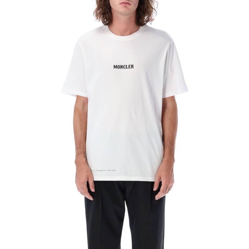 Shop Moncler FW22  White Crewneck Logo Print Short Sleeve T-Shirt. H209U8C00003M2353001