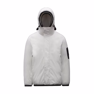 Moncler FW22 White Short Down Jacket with Solid Logo Patch Hoodie. G20911A0009354A91034