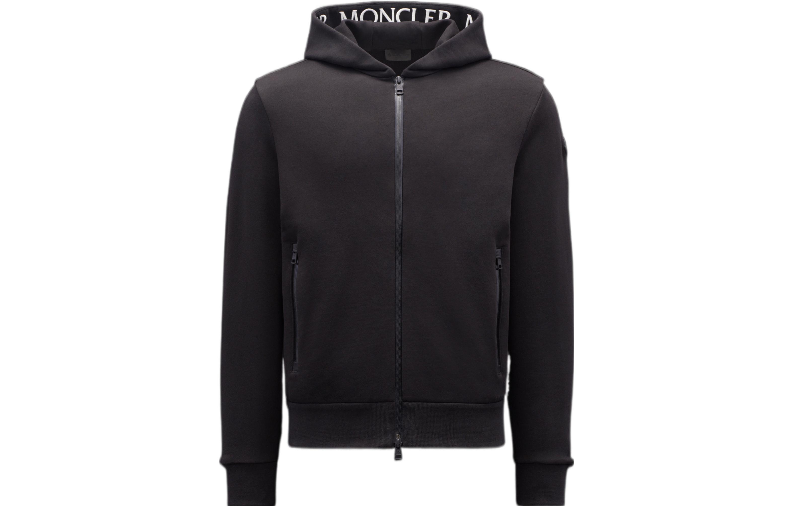 Moncler FW22 Black Hoodie with Embroidered Logo & Zipper Closure H20918G00035V8183999