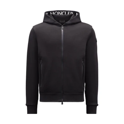 Moncler FW22 Black Hoodie with Embroidered Logo & Zipper Closure H20918G00035V8183999