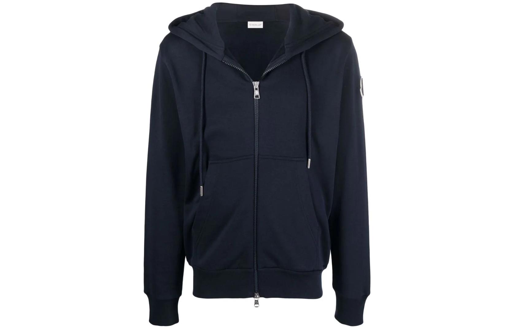 Order Moncler FW22 Hoodie Hitam Logo Patch dengan Tali Serut dan Resleting. G20918G00033899FL778