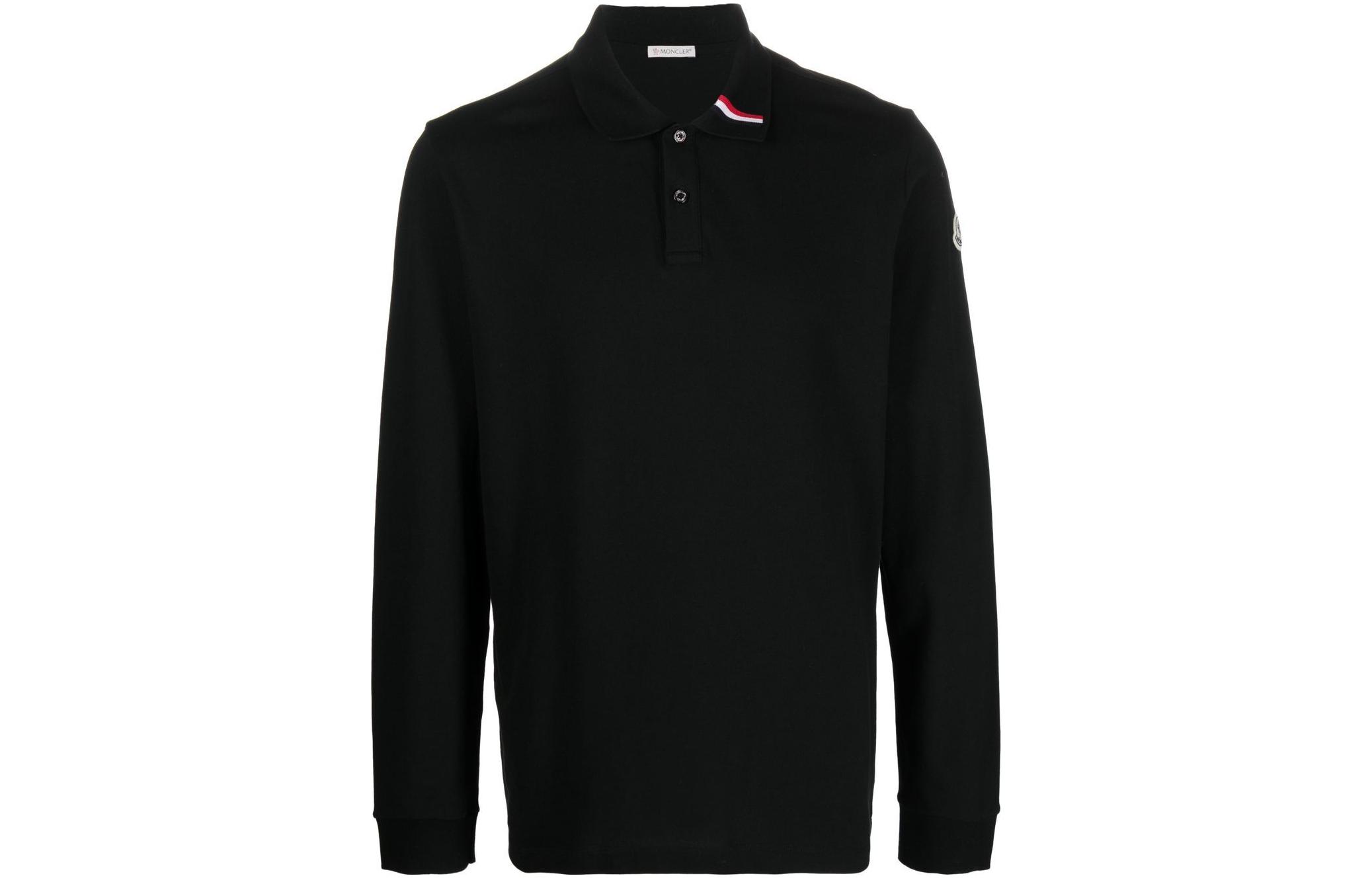 Moncler FW22 Black Long Sleeve Polo Shirt with Logo Appliqué & Striped Trim H20918B00023899US999