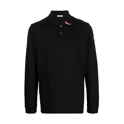 Moncler FW22 Black Long Sleeve Polo Shirt with Logo Appliqué & Striped Trim H20918B00023899US999