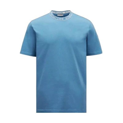 Moncler FW22 Blue Crewneck T-Shirt with Collar Letter Print I10918C000128390T722
