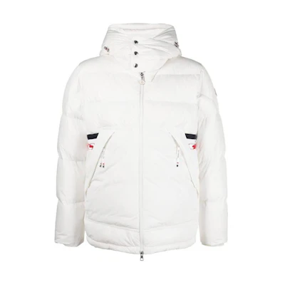 Moncler FW22 Striped Colorblock Down Hooded Jacket White Mens H20911A0014354A91034