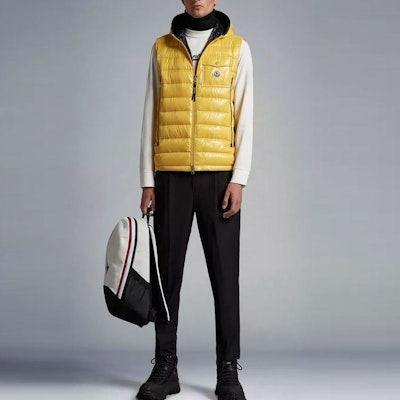 Moncler FW22 Yellow Ski Season Unisex Hooded Vest with Logo Patch. I10911A00068M159210H Lookbook Moncler FW22 Yellow Ski Season Unisex Hooded Vest with Logo Patch. I10911A00068M159210H