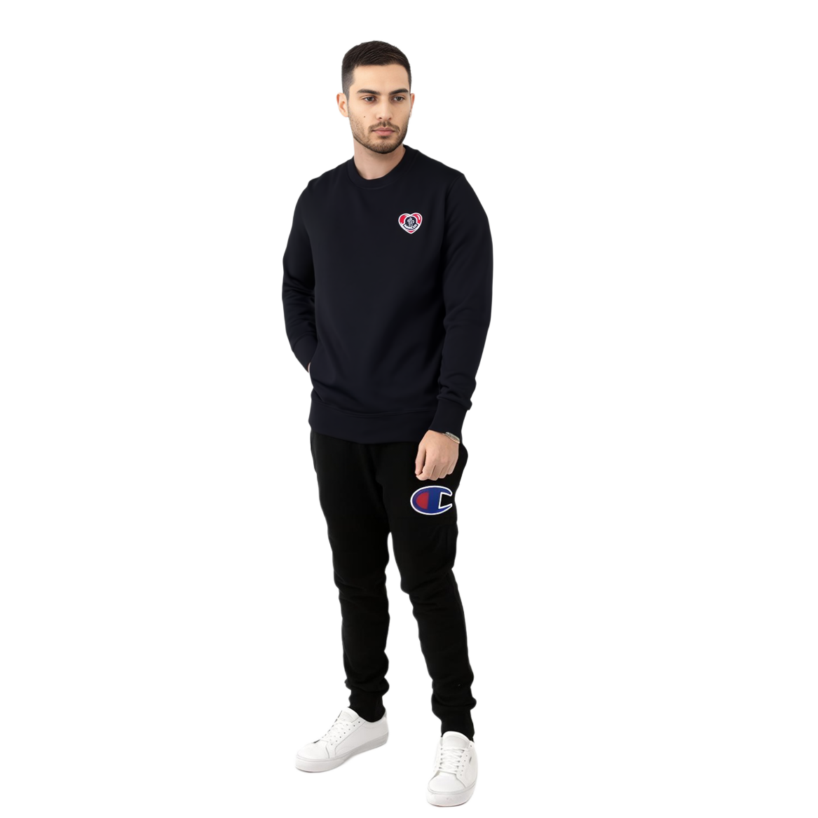 Shop Moncler FW23 黑色標誌圓領長袖上衣 素色款式。 8G00043899V4999