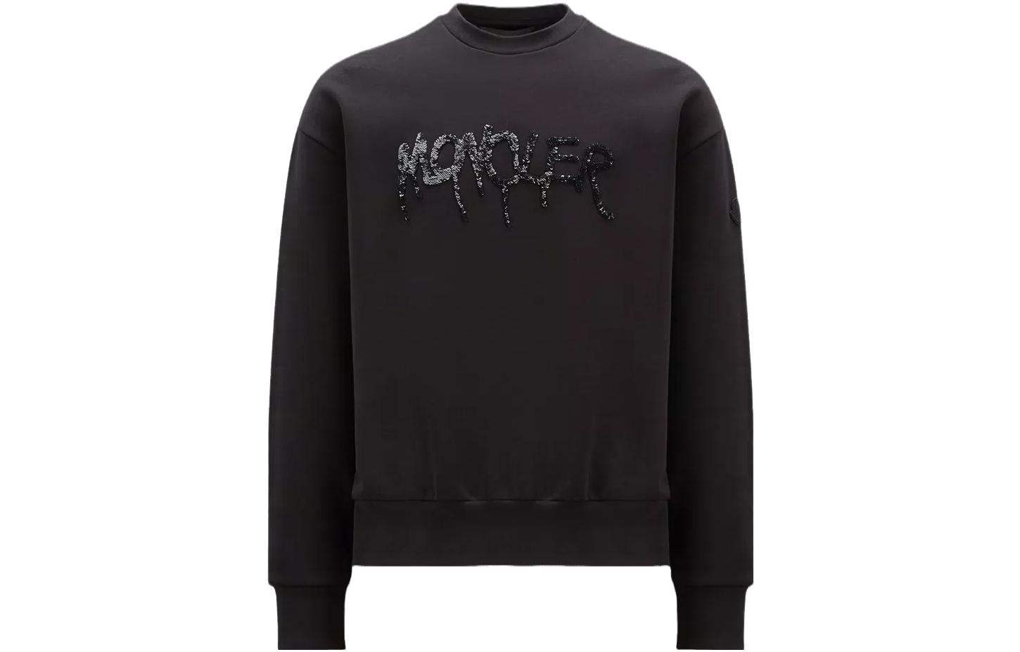 Moncler FW23 Embroidered Logo Black Crewneck Sweatshirt Men’s Relaxed Fit I20918G00038809KX999