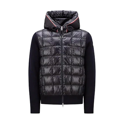Moncler FW23 Navy Padded Wool Hoodie Jacket with Logo Stripe Design I20919B00010M1131742