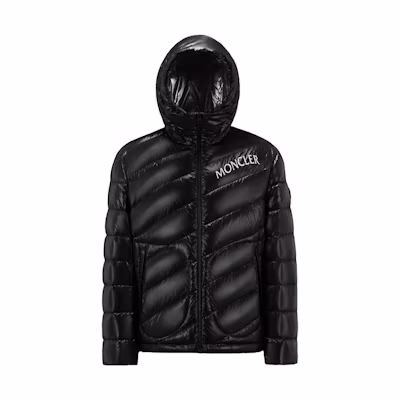 Moncler FW23 Shama Unisex Black Hooded Down Jacket with Letter Print. I20911A00072595GJ999