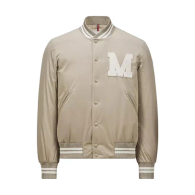 Moncler FW24 Lateltin Varsity Patch Embroidered Logo Snap Jacket Beige Men. J20911A0007354A91208