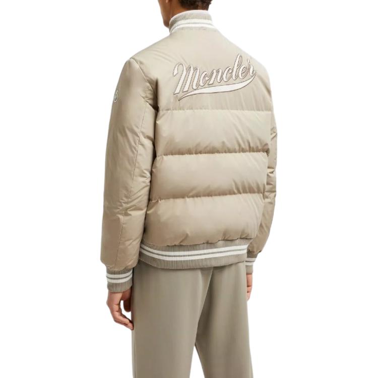 Shop Moncler FW24 Lateltin Varsity Patch Embroidered Logo Snap Jacket Beige Men. J20911A0007354A91208