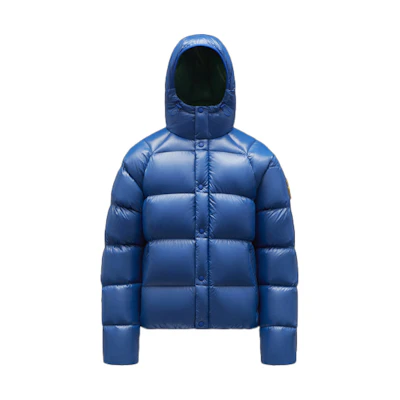 MONCLER GENIUS FW21 Shiny Down Jacket Blue, Hooded and Logo Patch Design. G20921A0000853A0E75G
