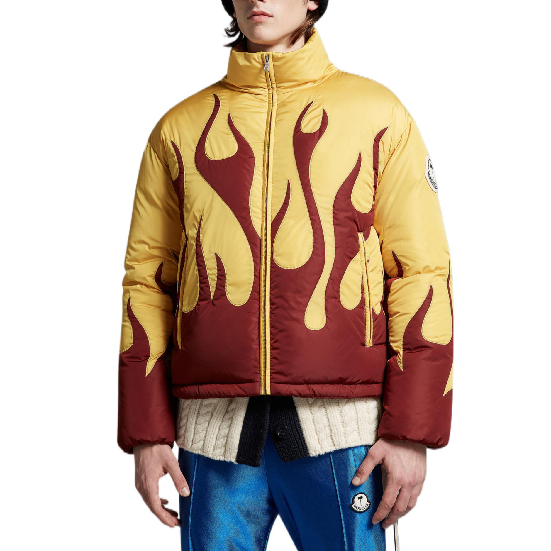 Shop MONCLER GENIUS x Palm Angels 黃色火焰羽絨外套 冬季 情侶款 H209L1A00010M2540P14