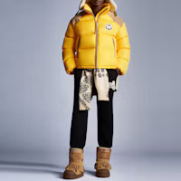 Shop MONCLER GENIUS x PALM ANGELS FW21 Ski Season Logo Patchwork Down Jacket Yellow G209L1A00015M1352105