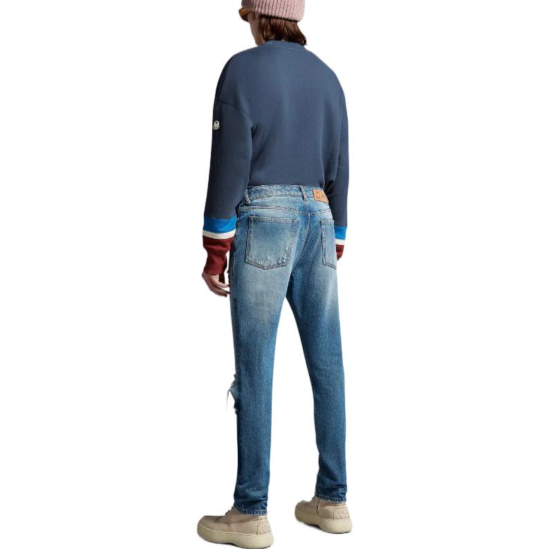 Shop MONCLER GENIUS x PALM ANGELS 男士蓝色做旧直筒牛仔裤 FW22款式 H209L2A00003M2503795