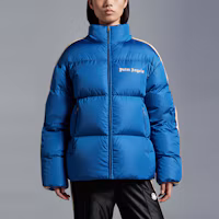 Shop MONCLER GENIUS x Palm Angels FW22 Logo Print Short Down Jacket Blue Unisex. H209L1A00016M2563756