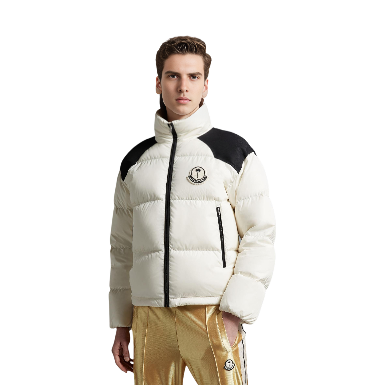 Lookbook Jaket Tebal Hoodie MONCLER GENIUS x PALM ANGELS FW22 Nevin Beige Colorblock Logo. H209L1A00002M2341034