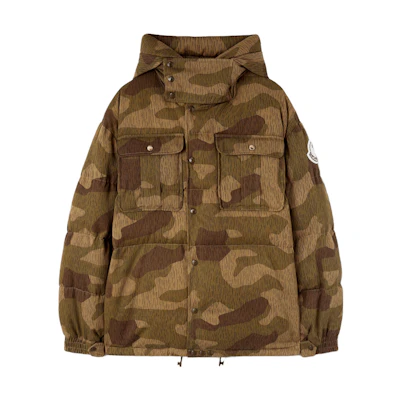 MONCLER GENIUS PALM ANGELS FW23 Camo High-Neck Hooded Puffer Jacket Brown Unisex I209L1A00018M3766F28