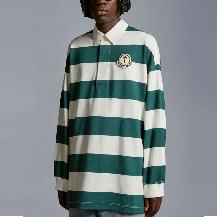 MONCLER GENIUS PALM ANGELS Striped Knit Long Sleeve Polo Unisex White/Green I209L8B00001M3483F08 圖 3