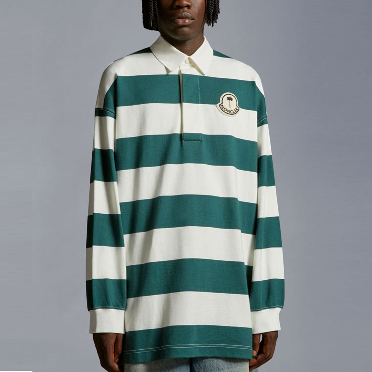 MONCLER GENIUS PALM ANGELS Striped Knit Long Sleeve Polo Unisex White/Green I209L8B00001M3483F08 圖 4