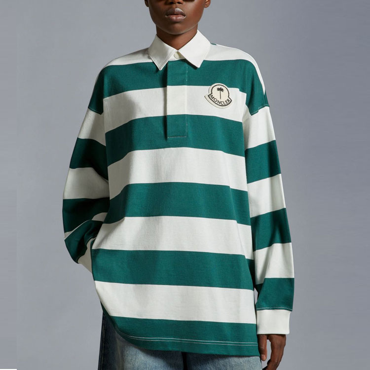 MONCLER GENIUS PALM ANGELS Striped Knit Long Sleeve Polo Unisex White/Green I209L8B00001M3483F08 圖 5