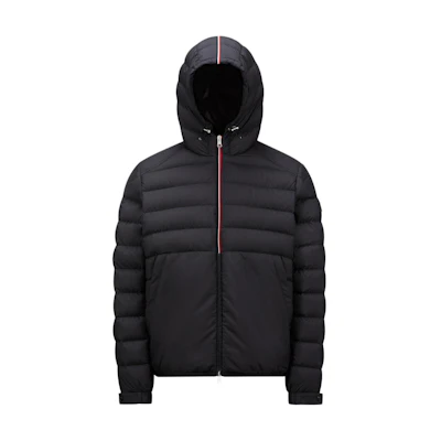 Moncler Glarey FW24 Black Hooded Down Jacket Unisex with Tri-Color Trim. J20911A00070549SK999