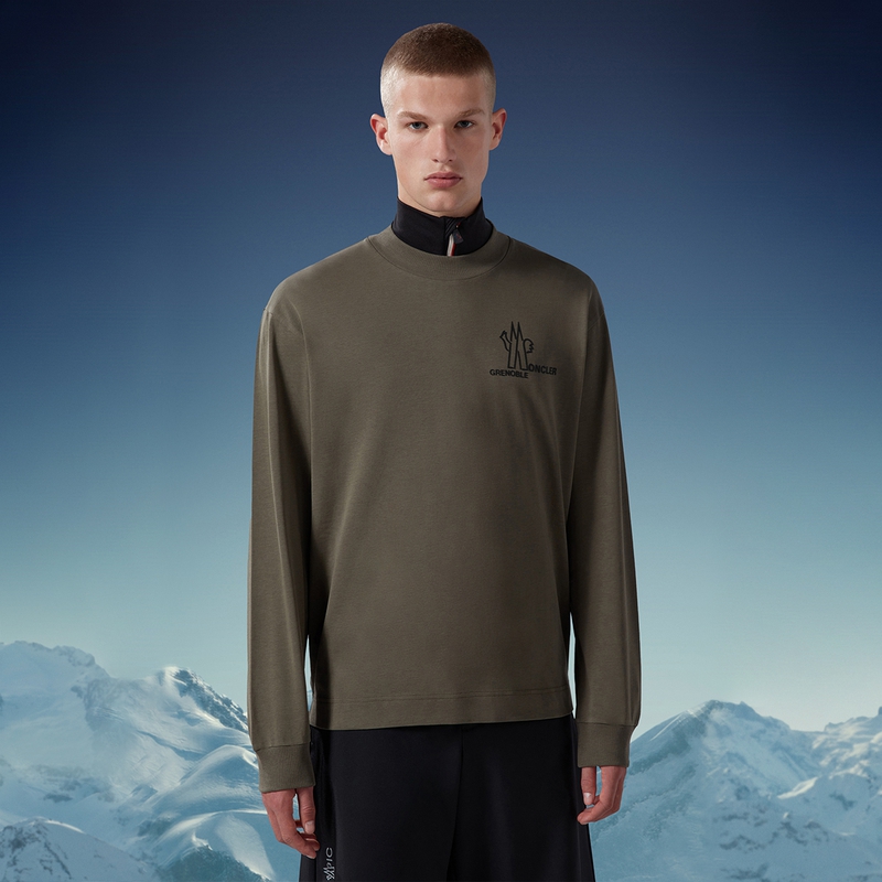 Shop Moncler Grenoble  Solid Crewneck Long Sleeve T-Shirt Dark Green. I20978D0000183927830