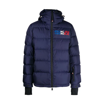 Moncler Grenoble Navy Blue Hooded Letter Printed Puffer Jacket for Men ISORNO1A000155399E