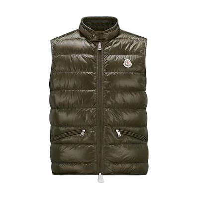 Moncler Gui SS23 Glossy Logo Badge Sleeveless Vest in Dark Green. I10911A1070053029833