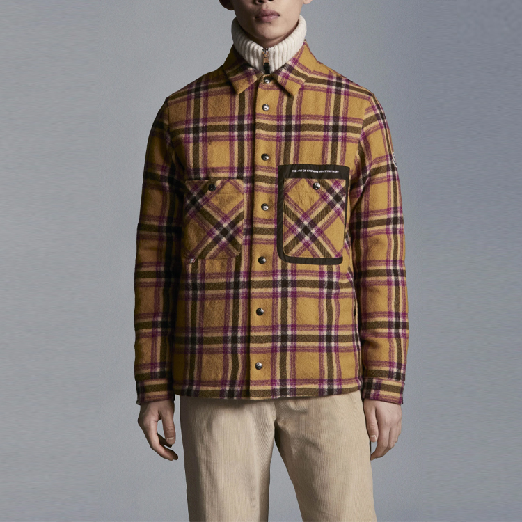 Shop Moncler Kurys 男士羊毛格紋外套 淺黃色 G20911A00133595IE140