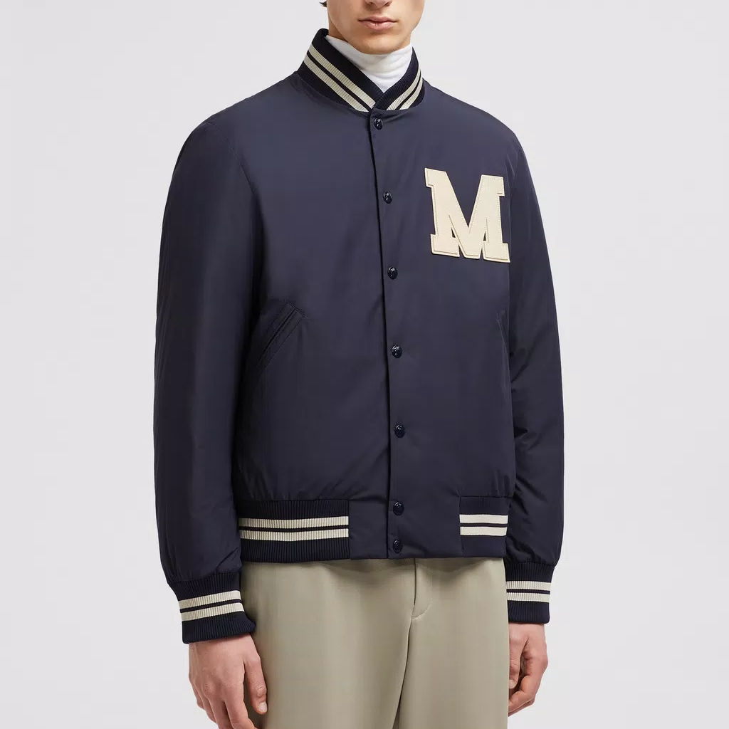 Shop Moncler Lateltin Series  Navy Blue Logo Print Puffer Jacket. J20911A0007354A9174S