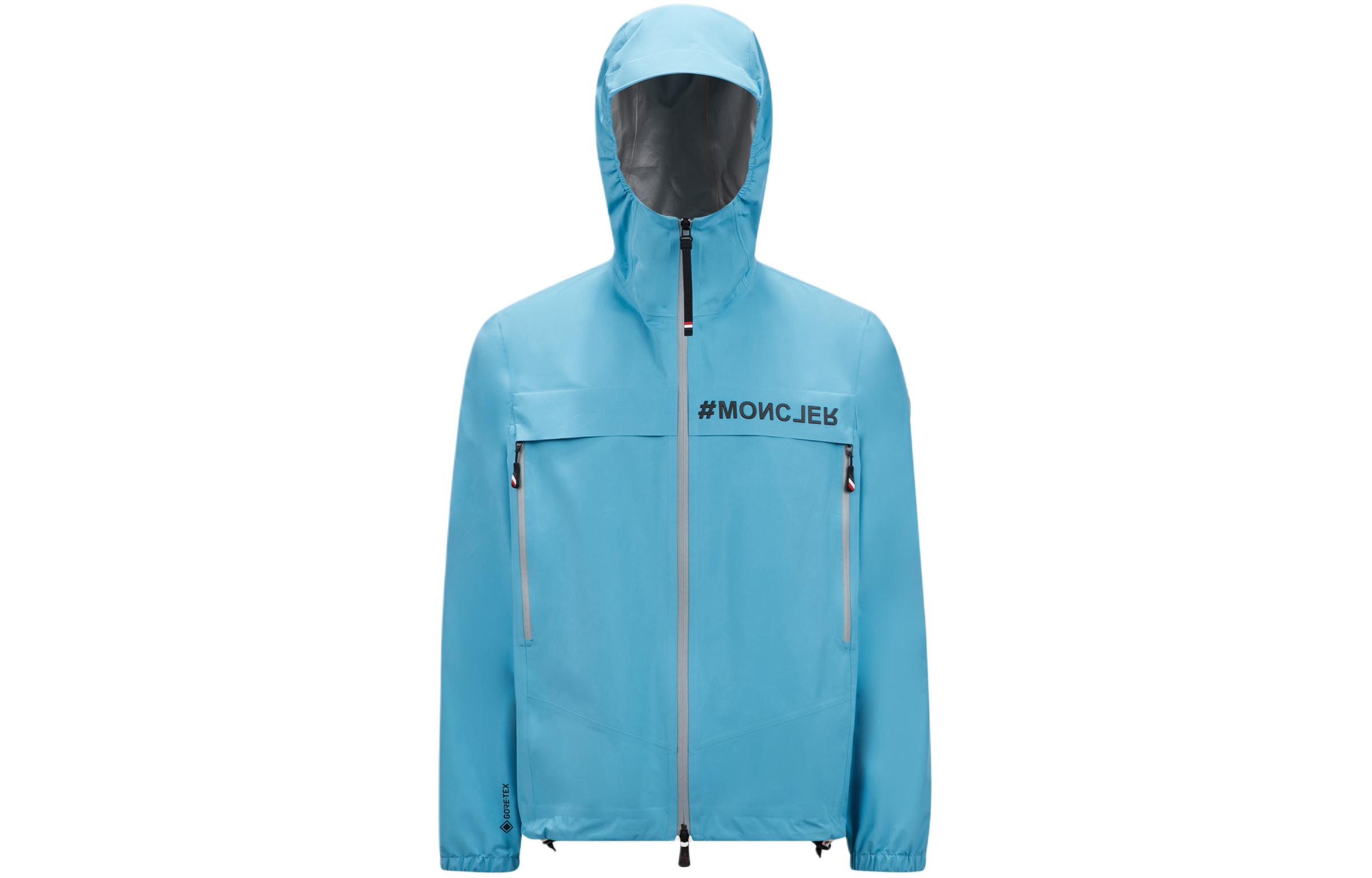 Moncler Light Blue Hooded Jacket with Adjustable Cap and Logo Zipper J10971A0001254AL572U