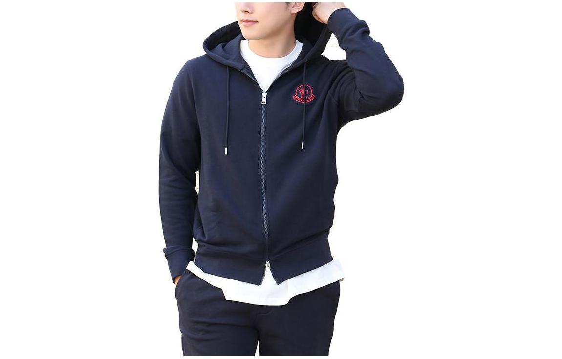 Moncler Logo Embroidered Zip Hoodie Navy Blue 0928G73300809JY