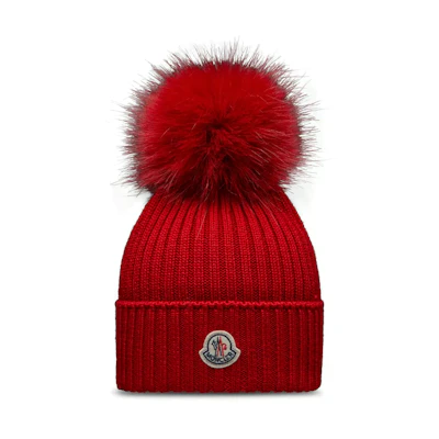 Moncler Logo Merino Wool Knit Hat for Kids - Red I29543B0001804S01455