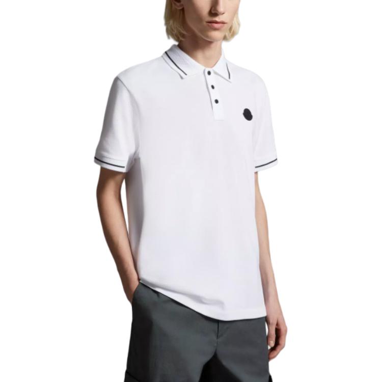 Shop Moncler Logo Patch Button Closure Short Sleeve Polo Shirt Men’s White J10918A0000189A16001