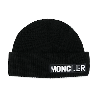 Moncler Logo Patch Solid Color Knit Beanie Black Hat 3B00018M1241